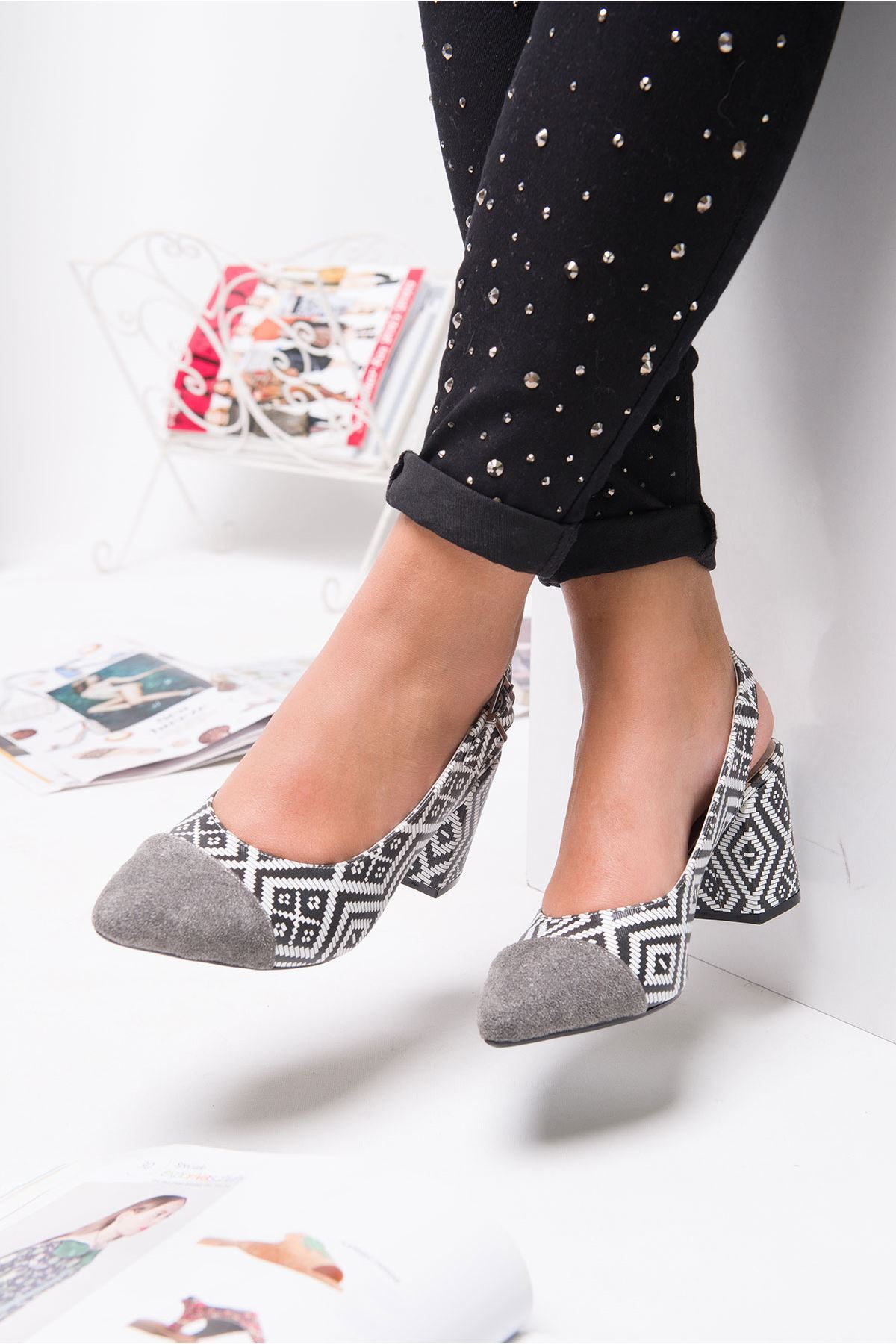 Jannie Gray Suede Patterned Heeled Shoes
